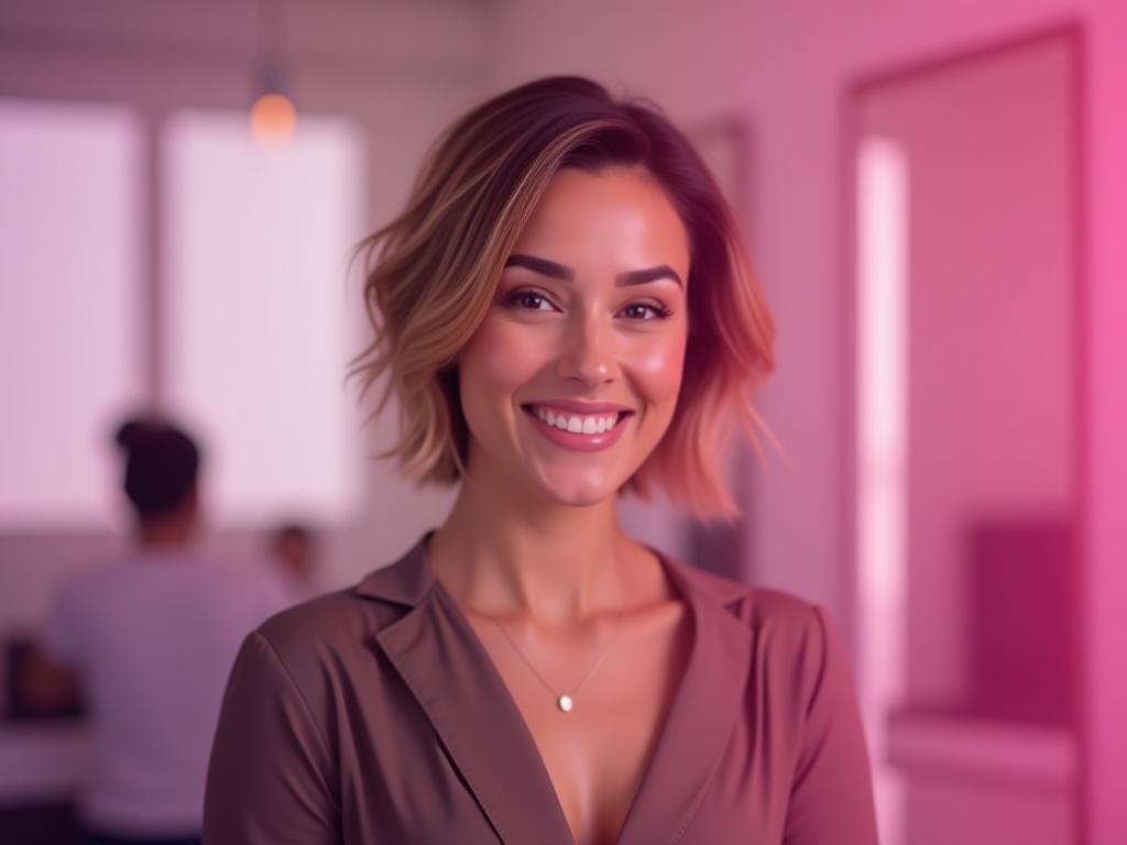 Cliente sonriente tras corte moderno